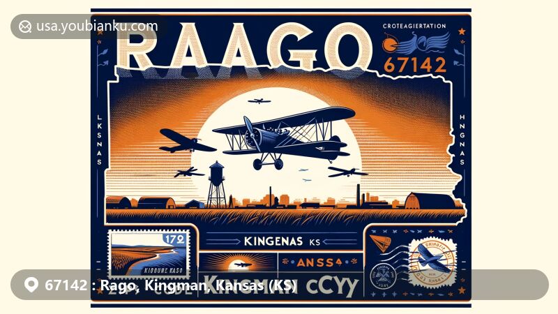 Creative illustration of Rago, Kingman County, Kansas, featuring aviation theme honoring Clyde Cessna with vintage monoplane and postal elements.