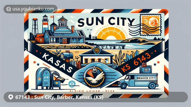 Modern illustration of Sun City, Kansas, highlighting small-town charm and scenic beauty of Medicine Lodge River, with airmail envelope, stamp, postmark ('Sun City, KS 67143'), American mailbox, and mail delivery vehicle.