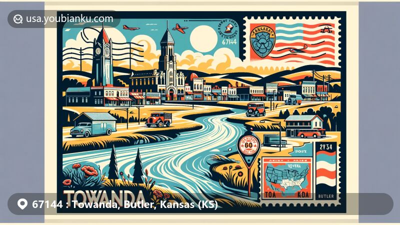 Modern illustration of Towanda, Butler County, Kansas, highlighting historical significance and Whitewater River, featuring town landmarks and vintage postal elements with ZIP code 67144.