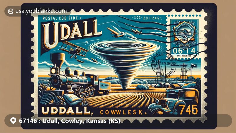 Modern illustration of Udall, Cowley County, Kansas, inspired by vintage postcard style, featuring iconic 1955 tornado symbolism, local landmarks, and Kansas's natural beauty.