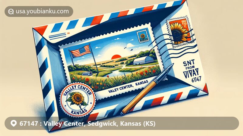 Modern illustration of Valley Center, Kansas, with open air mail envelope showcasing scenic beauty and postal theme, featuring postcard labeled 'Valley Center, KS 67147' with sunflower stamp and blurred postmark.