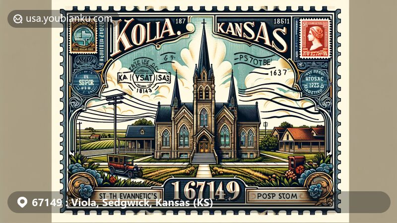 Modern illustration of Viola, Kansas, showcasing St John the Evangelist's Catholic Church, Kansas landscape, and symbols of agricultural heritage with antique postage stamp border and stylized postal mark, highlighting ZIP code 67149.
