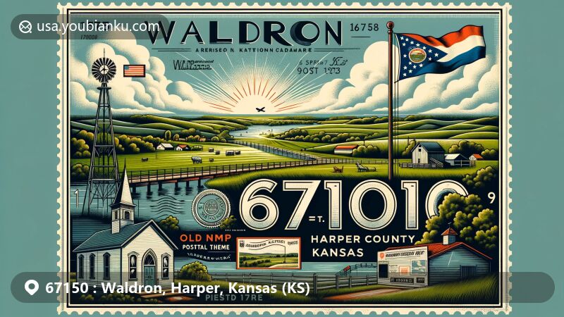 Modern illustration of Waldron, Harper County, Kansas, depicting rural charm of the town with only 9 residents, showcasing its tranquility, peacefulness, and countryside character; featuring iconic landmarks of Harper County - Harper Water Tower and Old Lanimid Church, illustrating the area's historical and cultural heritage; Kansas state flag, expressing pride and identity with the state; and an artistic postal theme including vintage postcard layout, old stamps, postmarks, and prominent ZIP code '67150'. Background highlights rolling hills and lush green pastures around Waldron, reflecting the natural beauty of the region.