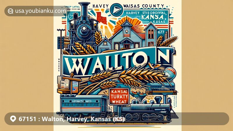 Modern illustration of Walton, Harvey County, Kansas, showcasing postal theme with ZIP code 67151, featuring BNSF Railway, Red Turkey Wheat, Kansas Historical Marker, and Harvey County outline.