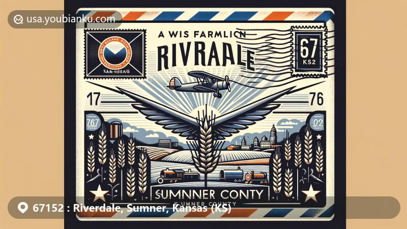 Modern illustration of Riverdale, Sumner County, Kansas, highlighting postal theme with ZIP code 67152, featuring vintage air mail envelope with elements of Kansas state flag, Sumner County outline, and wheat stalks representing agricultural heritage.