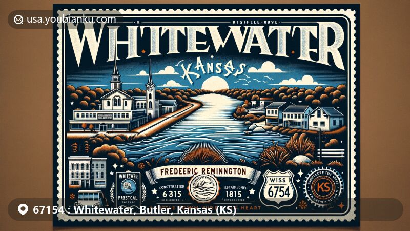 Modern illustration of Whitewater, Butler County, Kansas, highlighting scenic Whitewater River, Frederic Remington High School, and vintage postal theme with ZIP code 67154.