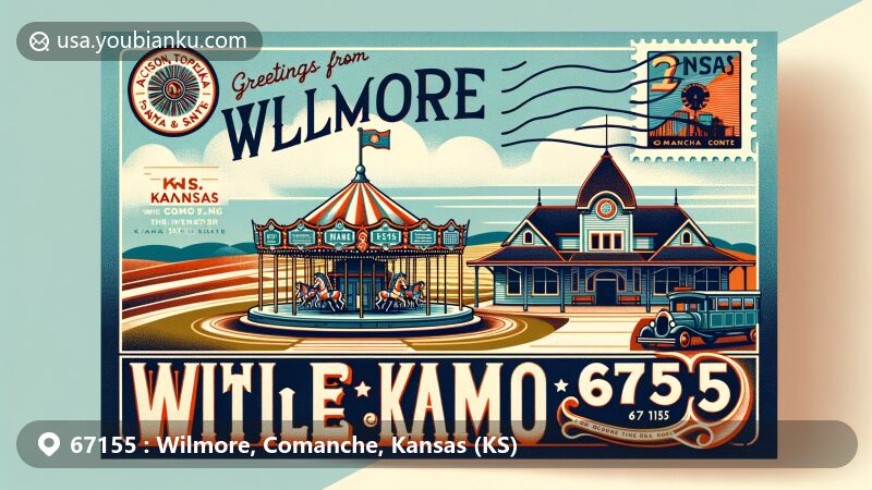 Modern illustration of Wilmore, Kansas, 67155, featuring historic Atchison, Topeka, and Santa Fe Railway depot, carousel, rolling hills, Comanche County landscapes, and Kansas state flag.