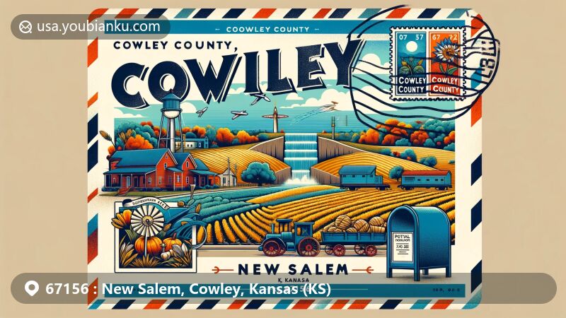 Modern illustration of New Salem, Cowley County, Kansas, displaying postal theme with ZIP code 67156, featuring Cowley County Waterfall, agricultural motifs, and Native American heritage.