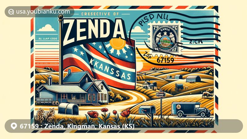 Modern illustration of Zenda, Kansas, highlighting postal theme with ZIP code 67159, featuring the Kansas state flag and serene rural landscape.