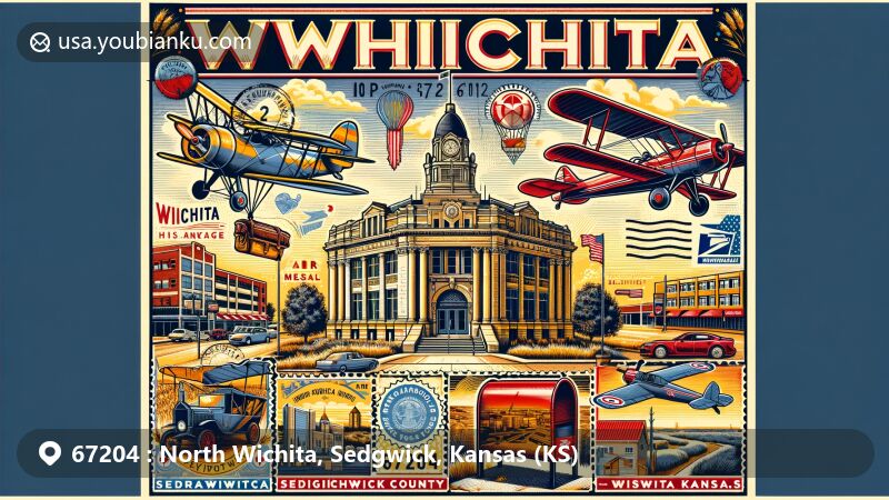 Modern illustration of North Wichita, Sedgwick, Kansas (67204), combining historical landmarks with postal elements, showcasing ZIP code 67204 and Wichita's rich history, including Wichita Sedgwick County Historical Museum, Chisholm Trail, and aircraft industry symbols.