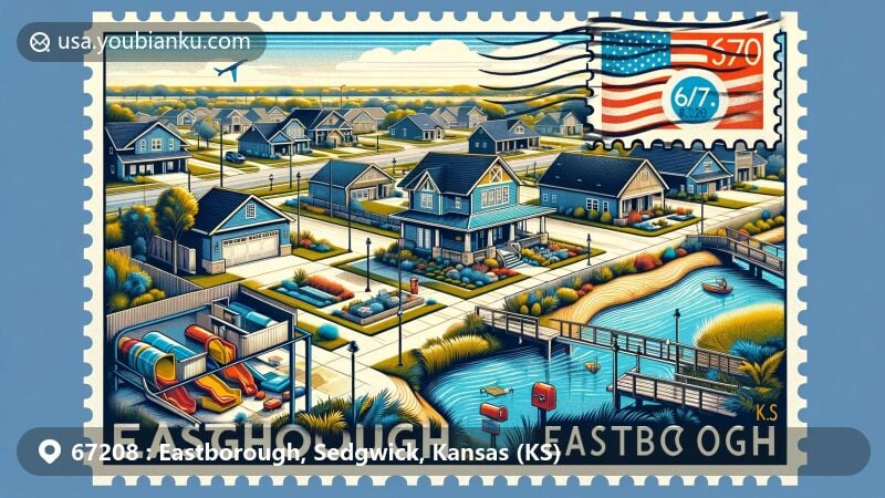 Modern illustration of Eastborough, Sedgwick County, Kansas, showcasing postal theme with ZIP code 67208, featuring southern boundary along Kellogg/U.S. Route 54, modern infrastructure, pond, playground, Kansas state flag, and residential architecture.