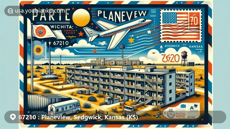 Modern illustration of Planeview, Wichita, Kansas, showcasing diverse community spirit and World War II origins, with Kansas state flag and postal elements, capturing the unique charm of ZIP code 67210.