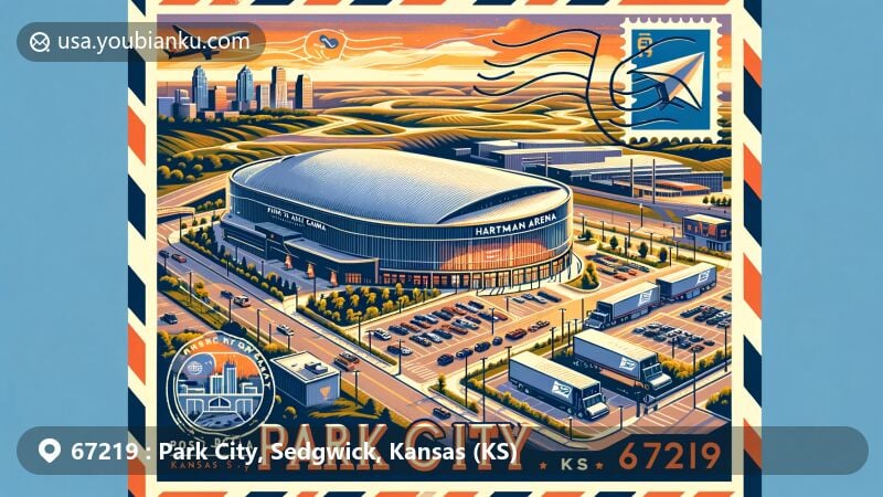 Modern illustration of Park City, Sedgwick County, Kansas, featuring Hartman Arena and Amazon fulfillment center, integrated with Kansas landscape elements, postal-themed border with airmail envelopes, stamps, and postmark 'Park City, KS 67219'.