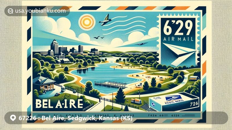 Modern illustration of Bel Aire area in Kansas, showcasing Eagle Lake Park and postal theme with ZIP code 67226, featuring outdoor lifestyle and Kansas state flag elements.
