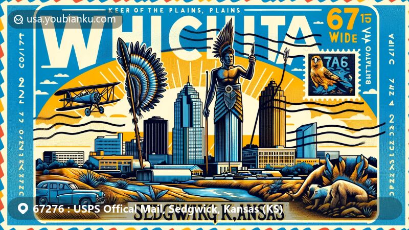Modern illustration of Sedgwick, Kansas, showcasing Wichita's landmarks and postal theme with ZIP code 67276, featuring the Keeper of the Plains statue and elements from Tanganyika Wildlife Park.