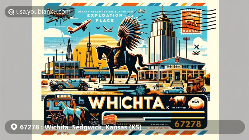 Modern illustration of Wichita, Kansas, themed around ZIP code 67278, featuring Keeper of the Plains statue, Exploration Place, Old Cowtown Museum, and Kansas Aviation Museum.