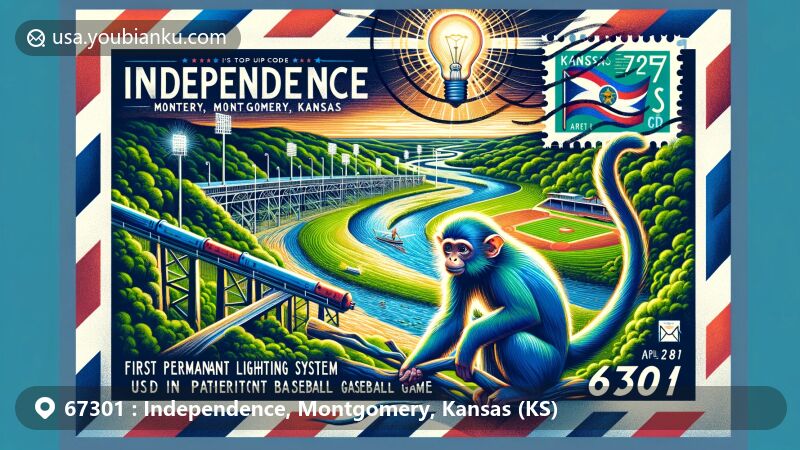 Modern illustration of Independence, Montgomery County, Kansas, portraying ZIP code 67301, showcasing Verdigris River, historic lighting system, Miss Able tribute, and Kansas state flag stamp.