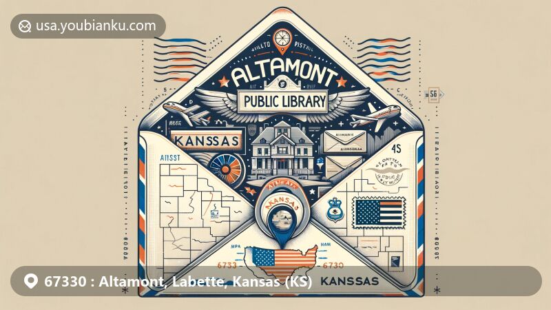 Creative illustration of Altamont, Kansas, airmail envelope with regional symbols and postal features, showcasing Altamont's culture and education focus.