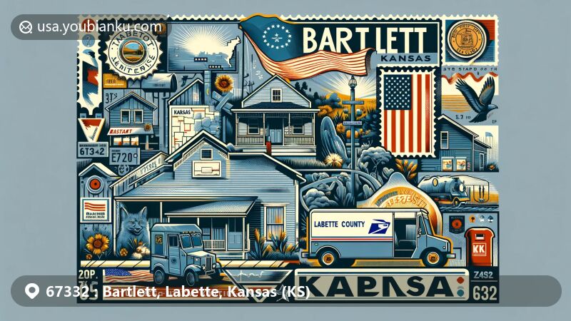 Modern illustration of Bartlett, Kansas, showcasing postal theme with ZIP code 67332, featuring Labette County and Kansas state symbols.