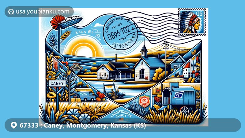 Modern illustration of Caney, Montgomery County, Kansas, with postal theme showcasing Chautauqua Hills, Caney River, and prairie grasses, in a postcard shape with ZIP code 67333.