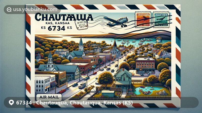 Modern illustration of Chautauqua, Kansas, with ZIP code 67334, embodying historic charm and natural beauty in a creative air mail envelope design.