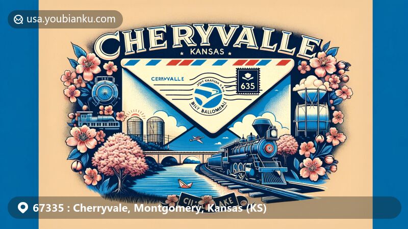 Modern illustration of Cherryvale, Kansas, featuring a vintage airmail envelope with ZIP code 67335, showcasing the South Kansas and Oklahoma Railroad, Big Hill Lake, the Cherry Blossom Festival, and the city's humid subtropical climate.