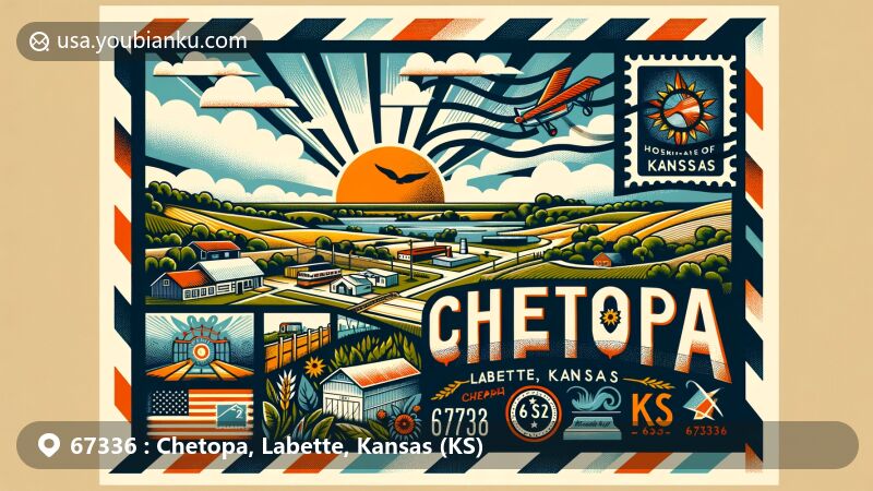 Modern illustration of Chetopa, Labette, Kansas (KS) with ZIP code 67336, showcasing lush Kansas landscape, sun and clouds symbolizing humid subtropical climate, and nod to Native American heritage.