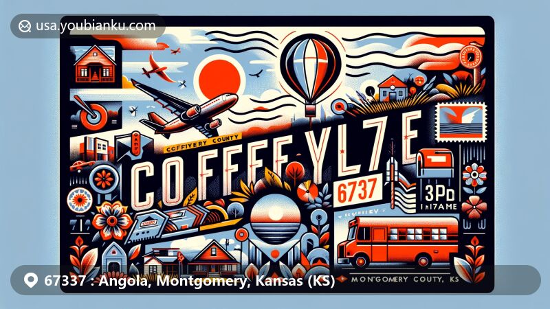 Vintage-style illustration of Coffeyville, Montgomery County, Kansas, showcasing postal theme with ZIP code 67337, featuring local landmarks and natural beauty.