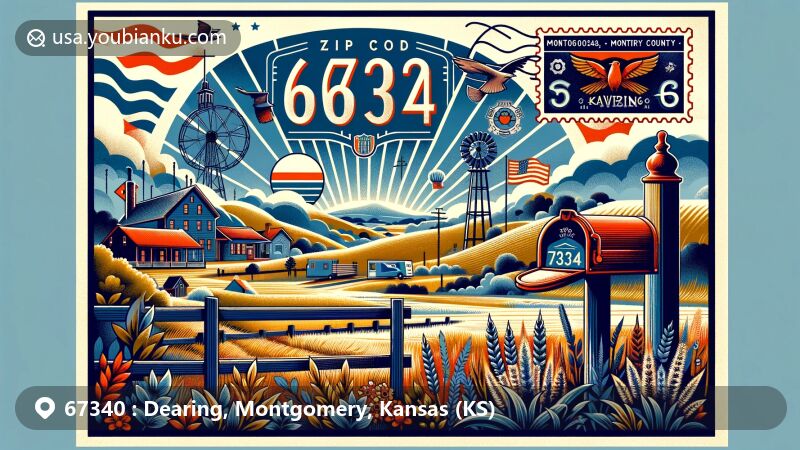 Modern illustration of Dearing, Montgomery County, Kansas, featuring a creative postal theme with ZIP code 67340, showcasing local and postal symbolism.
