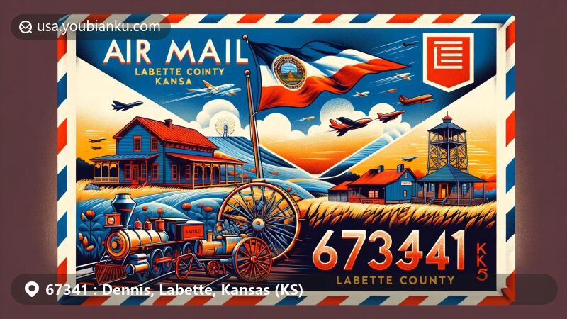 Modern illustration of Dennis, Labette County, Kansas, featuring airmail envelope with ZIP code 67341, showcasing Kansas state flag, Osage people, historic inn, and general store.