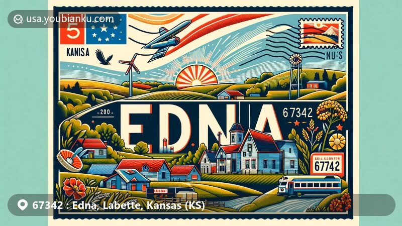 Modern illustration of Edna, Labette County, Kansas, blending rural and community spirit, showcasing local flora, notable landmarks, and the Kansas state flag, with postal elements like a stamp and postmark, featuring ZIP code 67342.