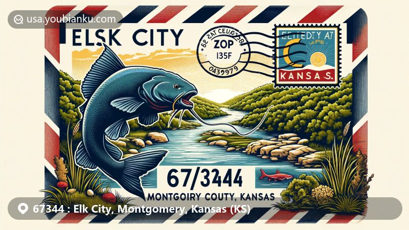 Modern illustration of Elk City, Montgomery County, Kansas, featuring a stylized airmail envelope, Elk City State Park's natural beauty, and recreational activities like fishing, hiking, and camping.