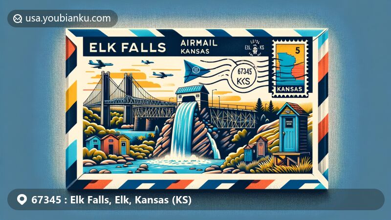 Modern illustration of Elk Falls, Kansas, featuring airmail envelope design, Elk Falls Waterfall, Pratt Truss Bridge, and iconic outhouses, symbolizing the town's title as the 'Outhouse Capital of Kansas'. Postal theme includes stamp with '67345' and 'Elk Falls, KS', with elements of Kansas state flag.