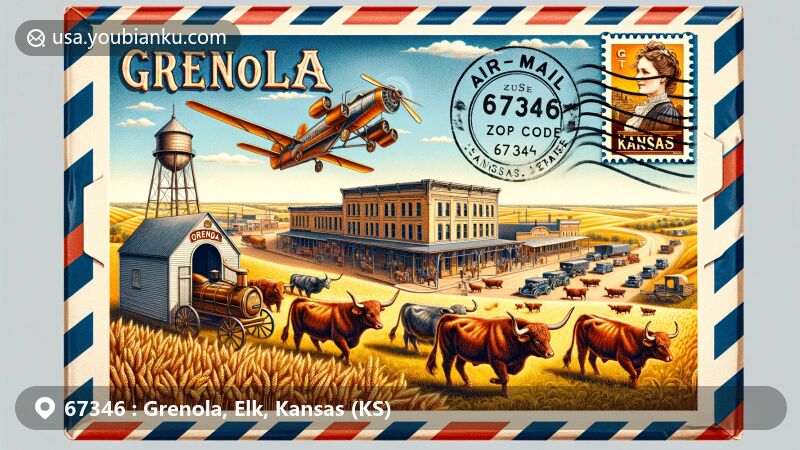 Modern illustration of Grenola, Kansas, ZIP code 67346, depicting a vintage air mail envelope unveiling the town's history as a key cattle shipping point in the 1880s, showcasing longhorn cattle, historical stone marker, Grenola Mill and Elevator museum, and Kansas wheat fields.