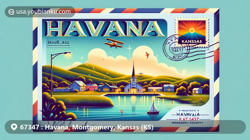 Modern illustration of Havana, Montgomery County, Kansas, showcasing postal theme with ZIP code 67347, featuring Havana Lake and Kansas state symbols.