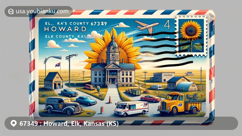 Creative illustration combining elements of Howard, Elk County, Kansas, with postal theme, showcasing Elk County Courthouse and Kansas prairie, featuring sunflower and state flag symbols, postal elements like retro stamp with ZIP code 67349, vintage postal van, and mailbox.