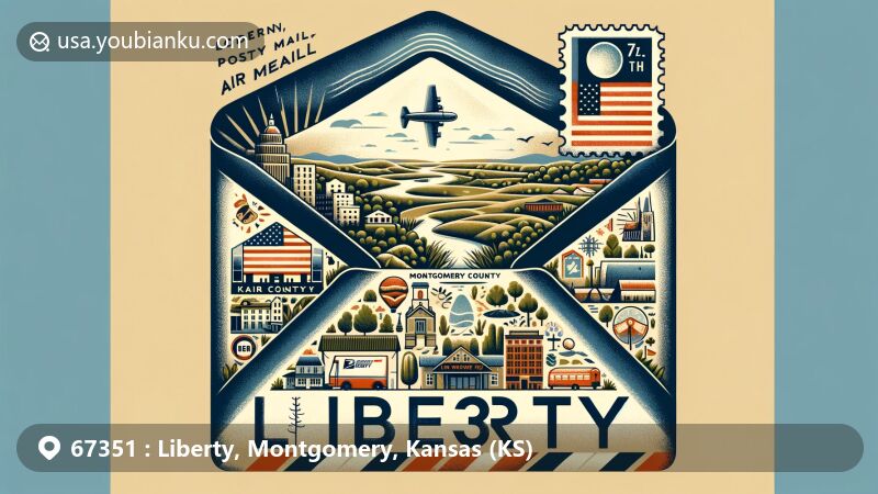 Creative illustration of Liberty, Montgomery County, Kansas, depicting postal theme with ZIP code 67351, featuring air mail envelope design representing community, county landmarks, natural beauty, vintage postage stamp, and Kansas state flag.