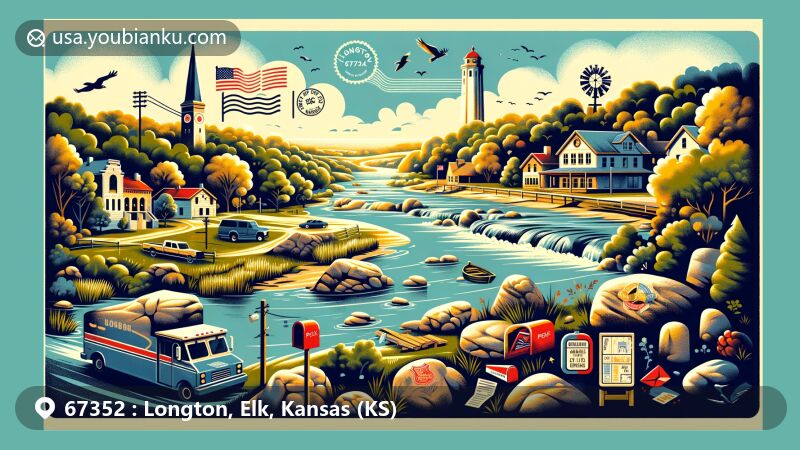 Modern illustration of Longton, Elk County, Kansas, featuring scenic Elk River, Elk City Lake, and Elk River Hiking Trail, with postal theme including ZIP code 67352 and Kansas symbols.