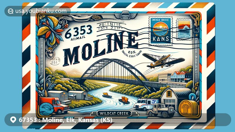 Modern illustration of Moline, Kansas, featuring airmail envelope with '67353 Moline, KS', stamp of Swinging Bridge, Kansas flag, and Elk County outline, emphasizing postal and regional pride.