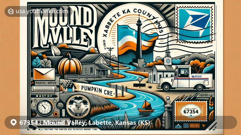 Modern illustration of Mound Valley, Labette County, Kansas, highlighting postal heritage with ZIP code 67354, featuring a stylized map outline, Kansas state flag, Pumpkin Creek, vintage stamp, mail truck, and flagpole.