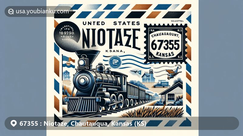 Modern illustration of Niotaze, Chautauqua County, Kansas, highlighting ZIP code 67355 with rural and historical elements, symbolic Kansas imagery, and creative postal theme.