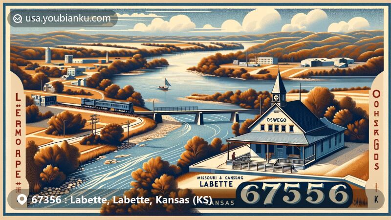 Modern illustration of Labette and Oswego, Labette County, Kansas, showcasing Neosho River and Riverside Park, with references to Missouri–Kansas–Texas Railroad and Osage heritage, and a vintage postcard theme for '67356 Labette & Oswego, KS.'