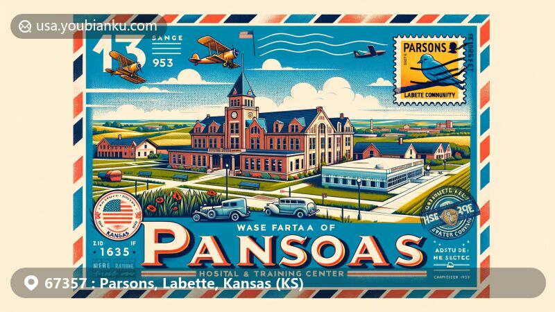 Modern illustration of Parsons, Kansas, featuring Parsons State Hospital & Training Center, Labette Community College, and a vintage airmail envelope with stamps showcasing ZIP code 67357.