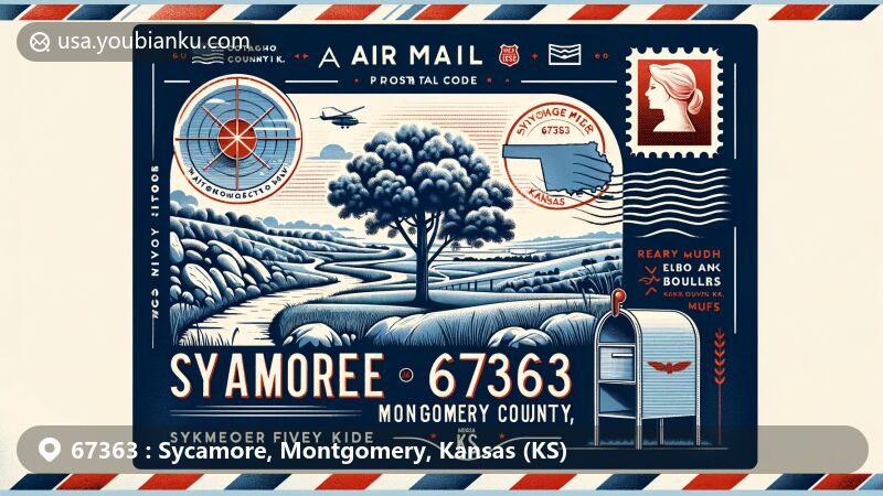 Modern illustration of Sycamore, Montgomery County, Kansas, showcasing postal theme with ZIP code 67363, featuring Elk River Hiking Trail, Montgomery County outline, sycamore tree, Kansas state flag, and vintage postal elements.