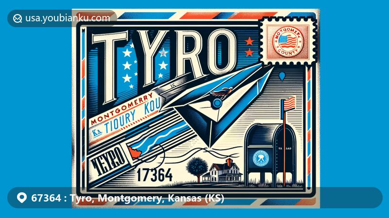 Modern illustration of Tyro, Montgomery, Kansas, capturing postal theme with vintage airmail envelope, stylized county map, Kansas state flag, and American mailbox, featuring ZIP code 67364.