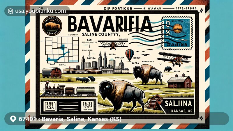 Modern illustration of Bavaria, Saline County, Kansas (KS), showcasing postal theme with ZIP code 67401, featuring historical and regional elements with a blend of Bavarian and Salina characteristics.