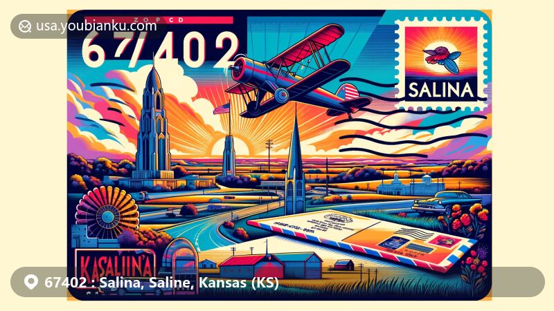 Creative illustration of Salina, Kansas, emphasizing ZIP code 67402, showcasing the state flag, Saline County map outline, Fossett Plaza monument, Sunset Spiritualist Church, vintage airplane, and airmail envelope design.