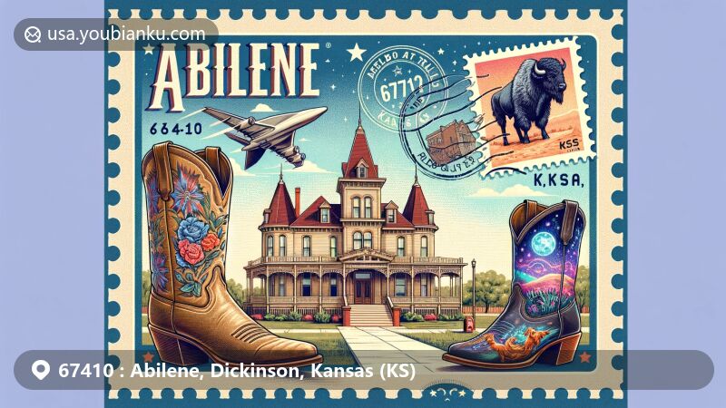 Modern illustration of Abilene, Kansas, featuring iconic landmarks like Lebold Mansion and Cowboy Art Trail elements, such as cowboy boots and 'Ike's Galaxy', set in a postal-themed design with vintage postcard style and '67410 Abilene, KS' postmark.