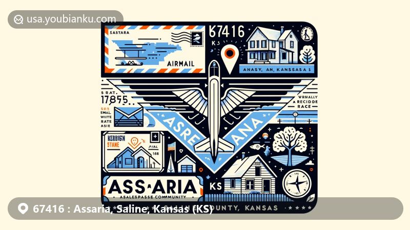 Modern illustration of Assaria, Kansas, featuring airmail envelope design with Saline County outline, symbolic homes, racial diversity, education emphasis, postal icons, '67416' and 'Assaria, KS' labels, and Kansas state symbol.