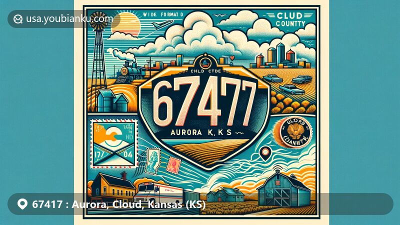 Modern illustration of Aurora, Kansas, in Cloud County, punctuating tight-knit community vibes amidst vast open lands and farmland. Featuring postal elements like vintage postcards, airmail envelopes, stamps, and postmarks, highlighting ZIP Code 67417.